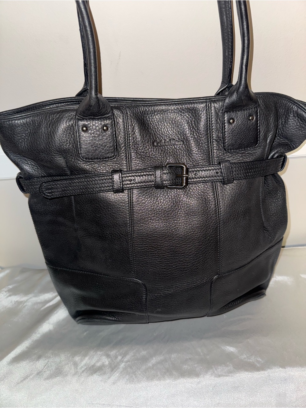 Calvin Klein Black Leather Tote Bag with Belt Detail